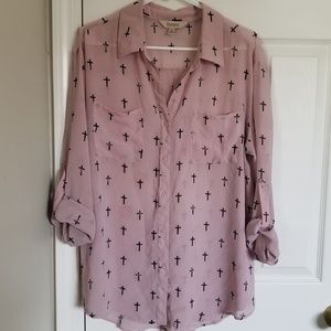 Blush pink sheer cross button down blouse